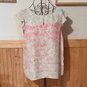 🌊 3 / $20 Elle Blouse Top Shirt Flutter Ruffle Striped Floral Pink Gray Size L